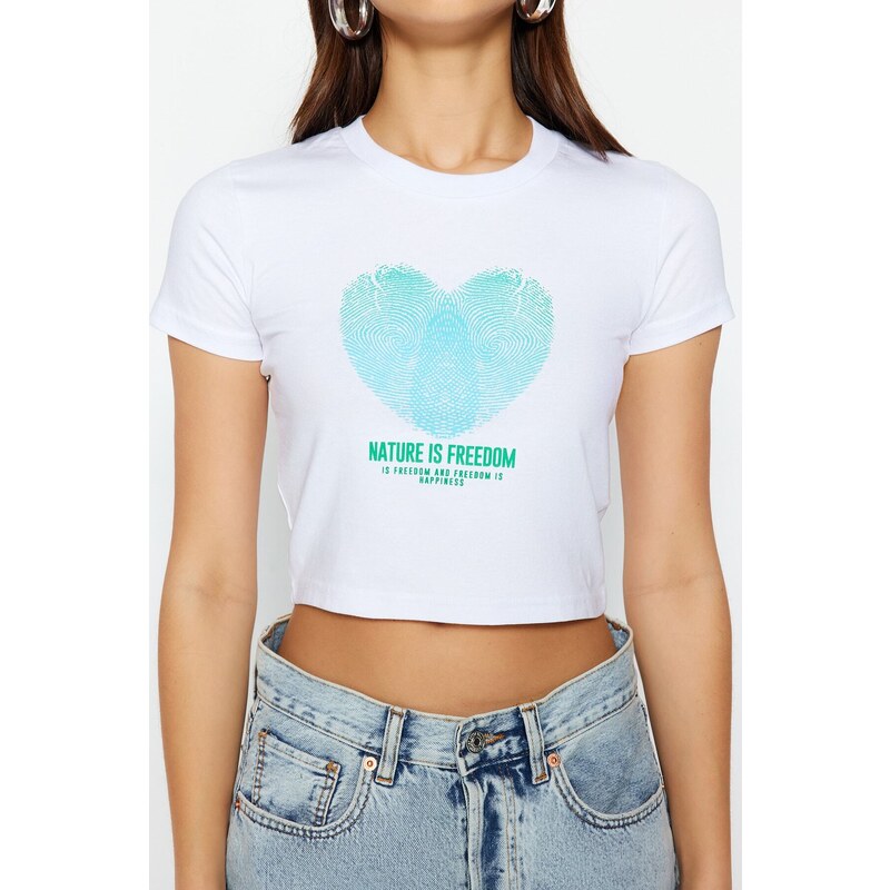 Trendyol White Heart Printed Fitted/Simple Crop Crew Neck Cotton Stretch Knitted T-Shirt