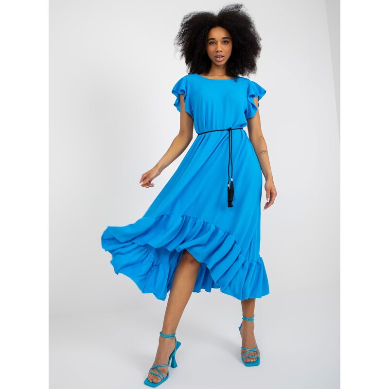 Fashionhunters midi šaty s volánky a krátkým rukávem modré