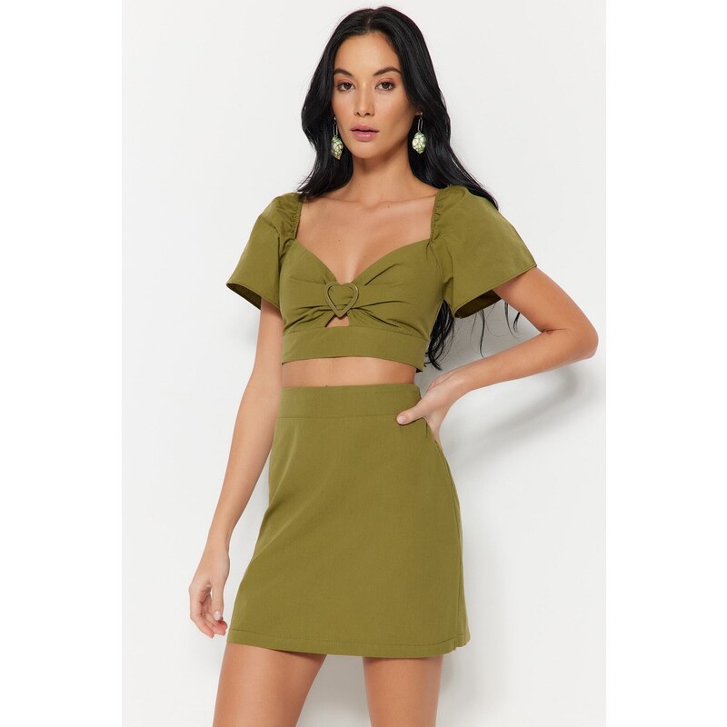 Trendyol Khaki tkaná sada s doplňky, 100% bavlněná halenka a
