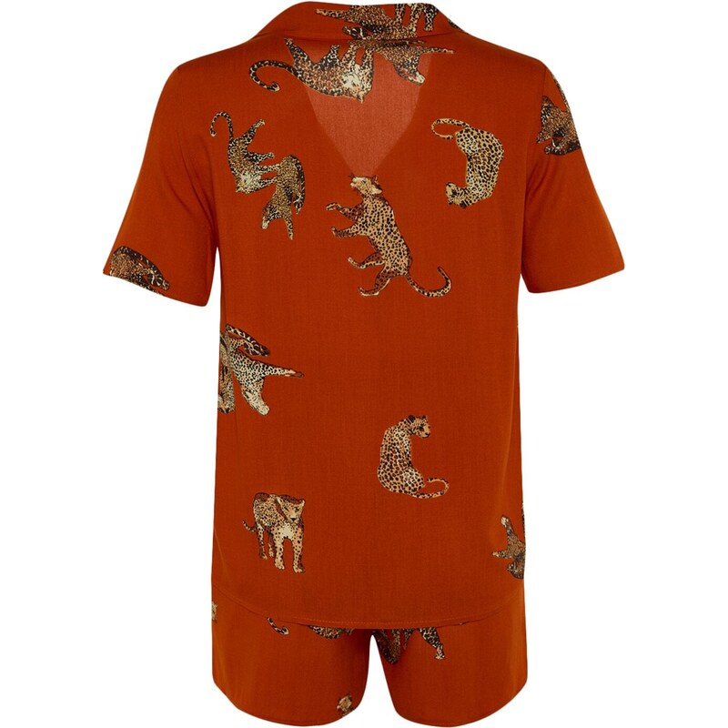 Trendyol Tile Animal Pattern Viscose Shirt-Shorts Weave Pajamas Set