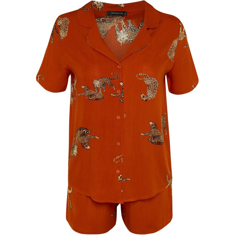 Trendyol Tile Animal Pattern Viscose Shirt-Shorts Weave Pajamas Set