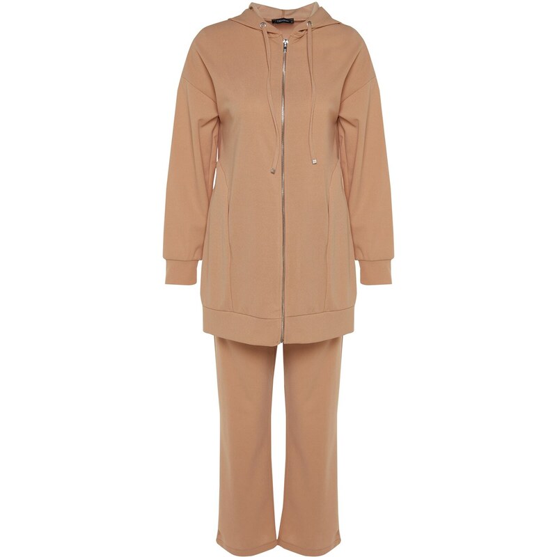 Trendyol Camel Hooded Zipper Knitted Tracksuit Set