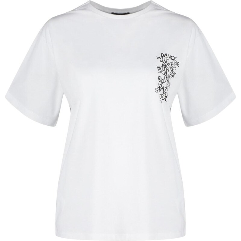 Trendyol White Printed Boyfriend/Wide Fit Knitted T-Shirt