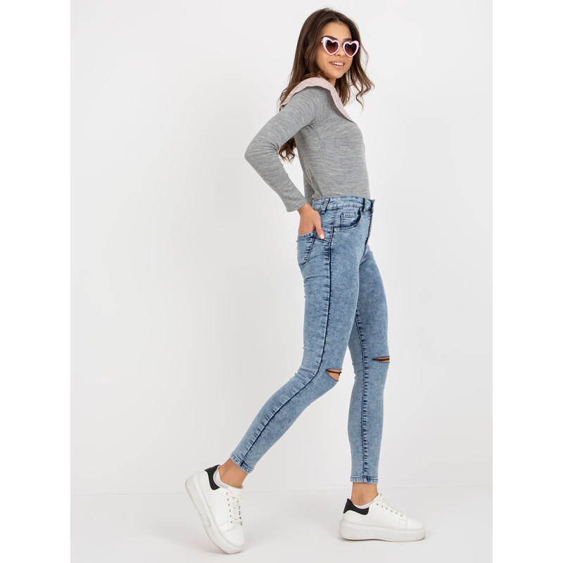 Fashionhunters Modré džínové kalhoty s vysokým pasem