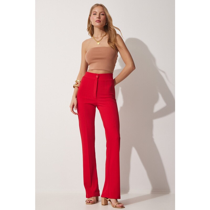 Happiness İstanbul Women's Red High Waist Lycra Casual Knitted Trousers