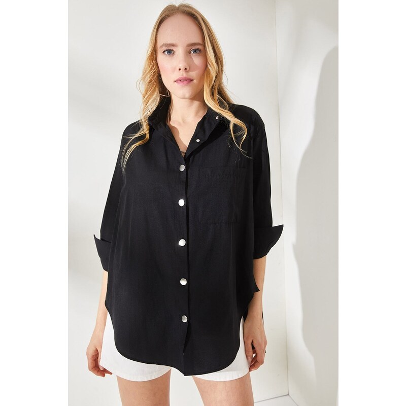 Olalook Women's Black Button Detailed Oversize Woven Shirt