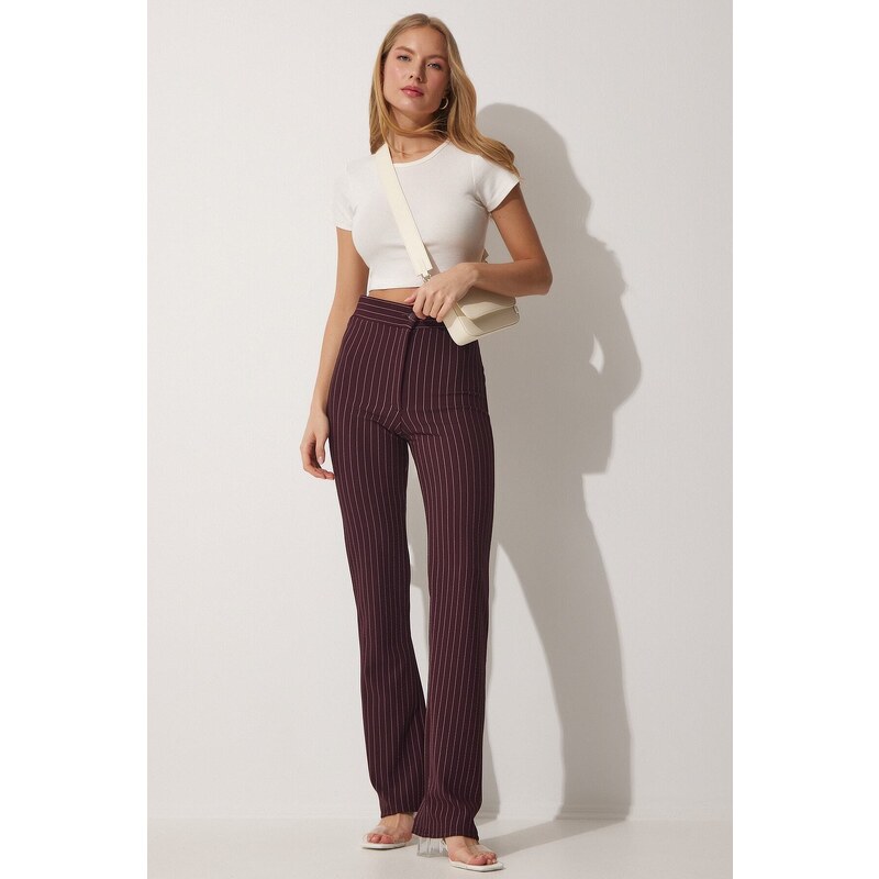 Happiness İstanbul Women's Burgundy High Waist Striped Trousers