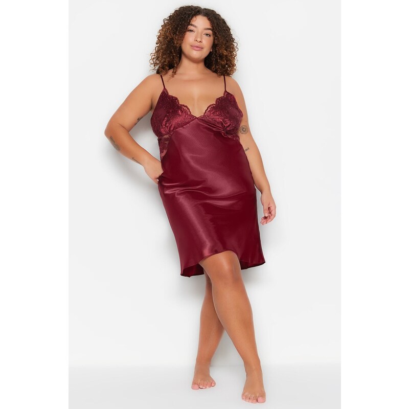 Trendyol Curve Burgundy Satin Woven Lace Nightgown