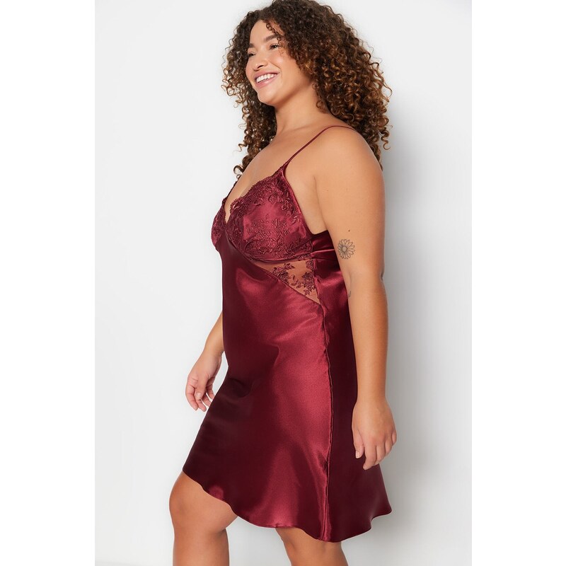 Trendyol Curve Burgundy Satin Woven Lace Nightgown