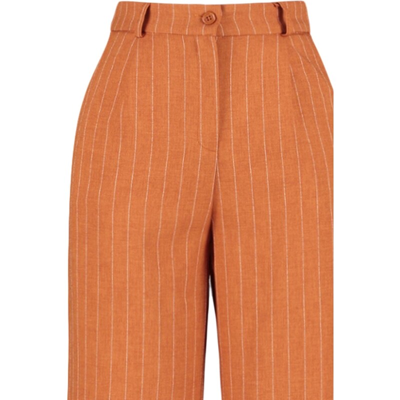 Trendyol hnědé vysoké pasy široké nohavice široké pruhované tkané kalhoty