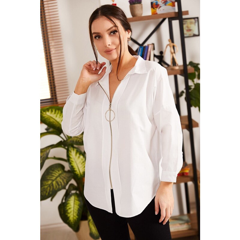 armonika Women's White Loose Zippered Shirt