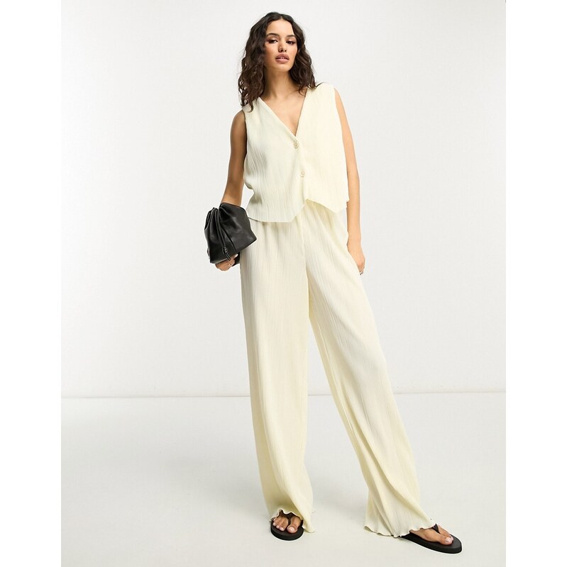 4th & Reckless plisse wide leg trouser co-ord in cream-White 114183441