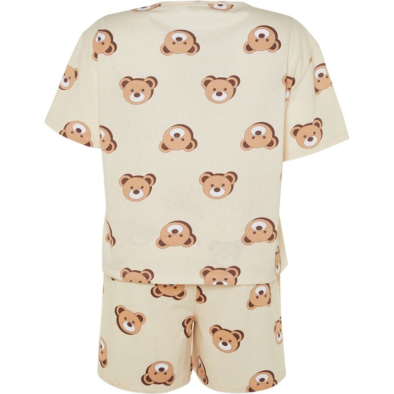 Trendyol Curve Ecru Teddy Bear Printed Cotton Knitted Pajamas Set