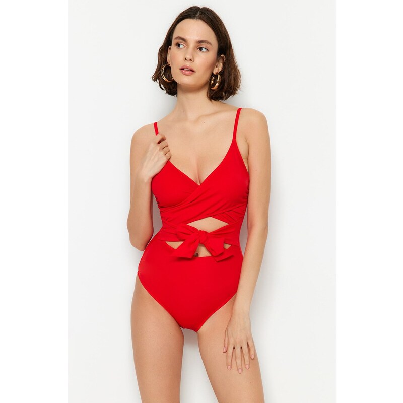 Trendyol Red Double Breasted Cut Out/Windowed Regular Leg Swimsuit