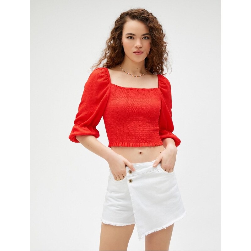 Koton Crop T-Shirt Gippes Square Collar with Balloon Sleeves