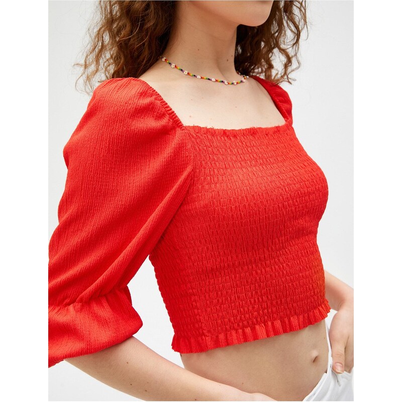 Koton Crop T-Shirt Gippes Square Collar with Balloon Sleeves