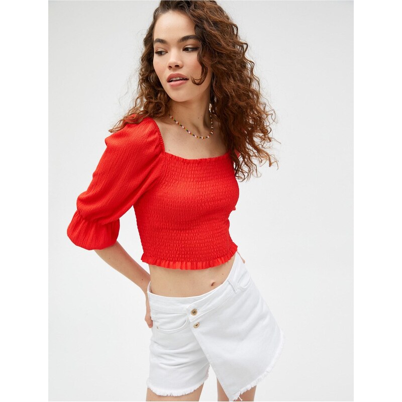 Koton Crop T-Shirt Gippes Square Collar with Balloon Sleeves