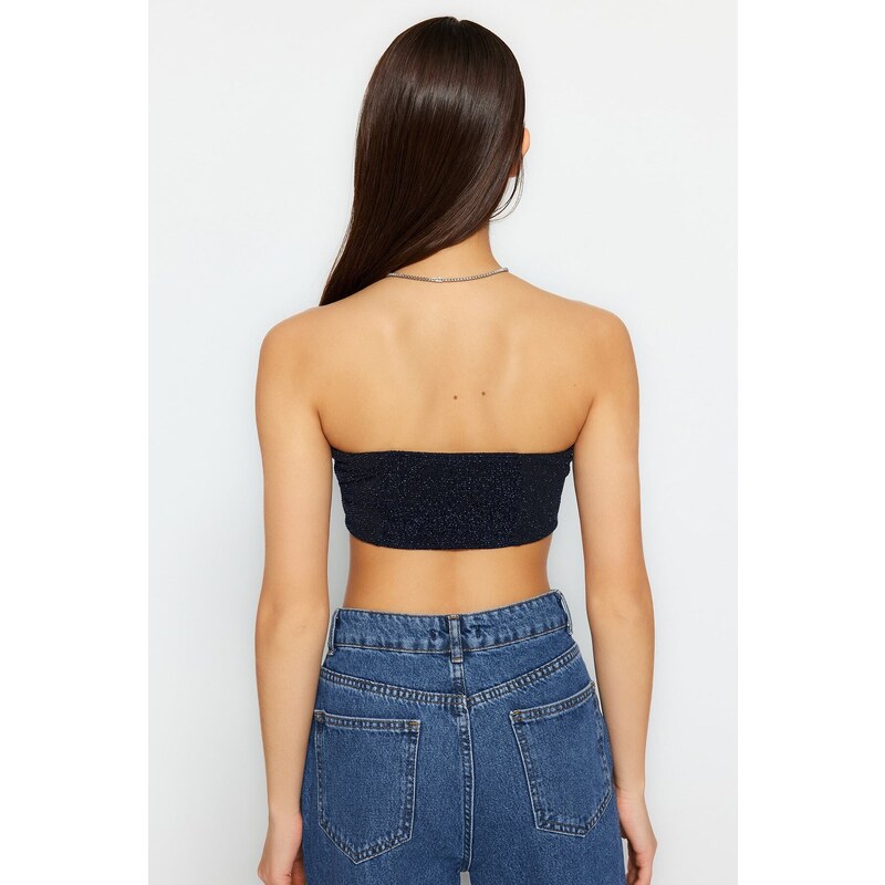 Trendyol Navy Blue Crop Knitted Shimmer Bustier