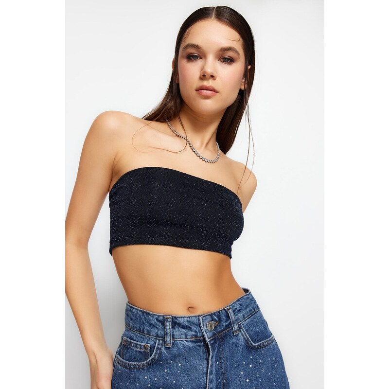 Trendyol Navy Blue Crop Knitted Shimmer Bustier