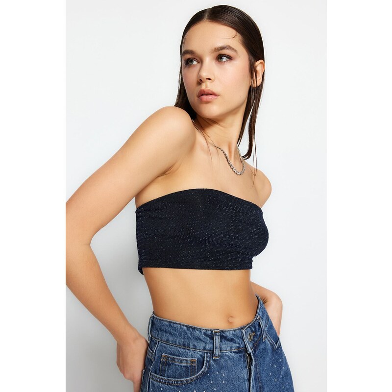 Trendyol Navy Blue Crop Knitted Shimmer Bustier