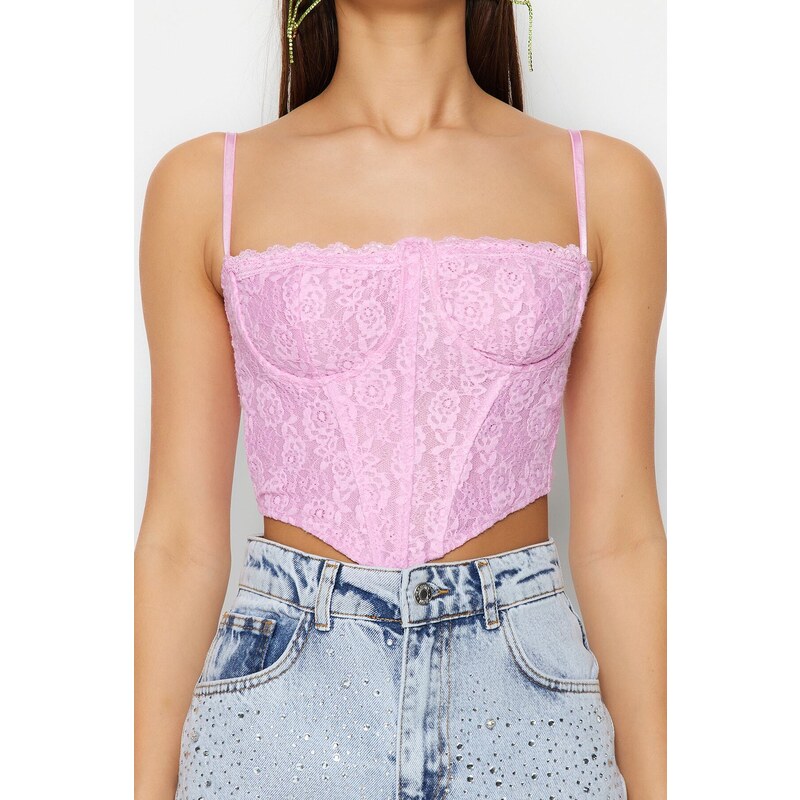 Trendyol Pink Crop Lined Corset Detailed Lace Bustier