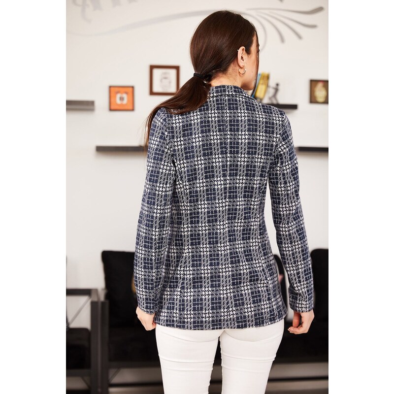 armonika Women's Navy Blue One-Button Plaid Jacket