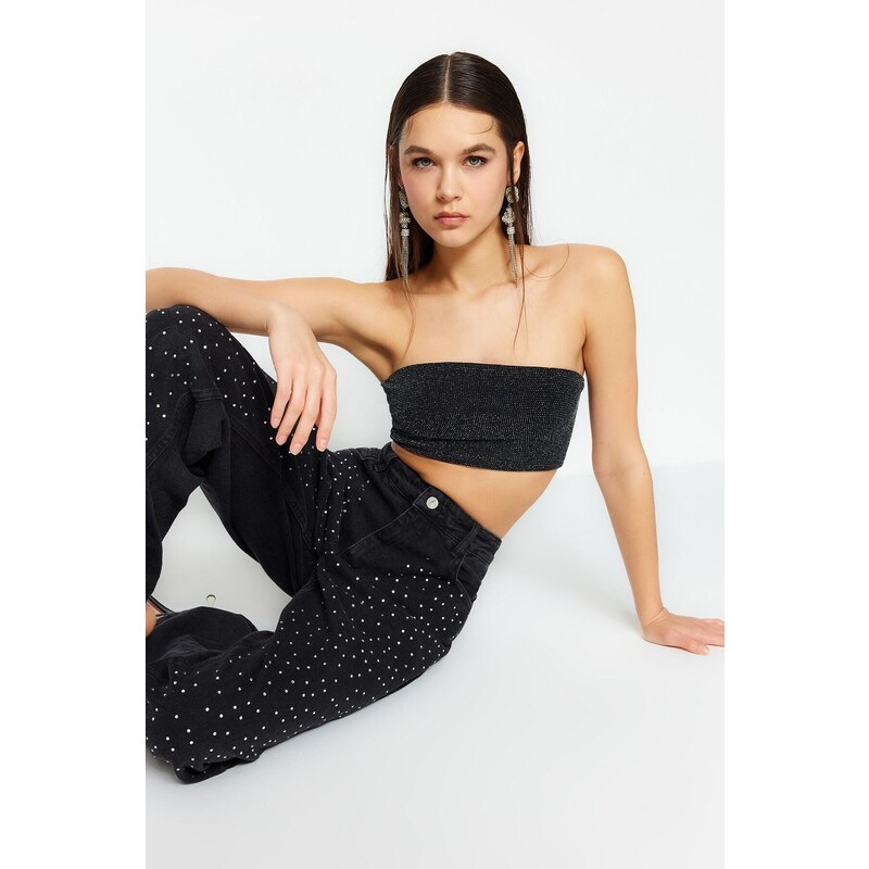 Trendyol Anthracite Crop Knitted Shimmer Bustier