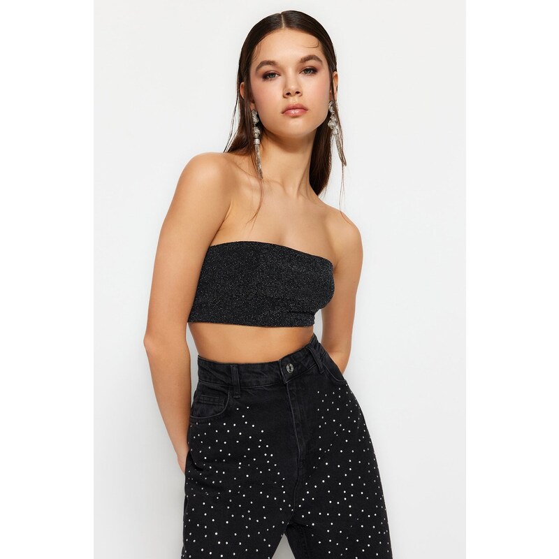 Trendyol Anthracite Crop Knitted Shimmer Bustier