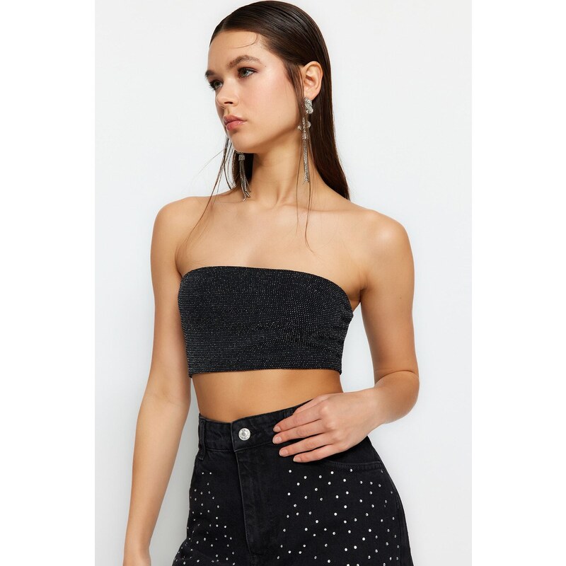 Trendyol Anthracite Crop Knitted Shimmer Bustier