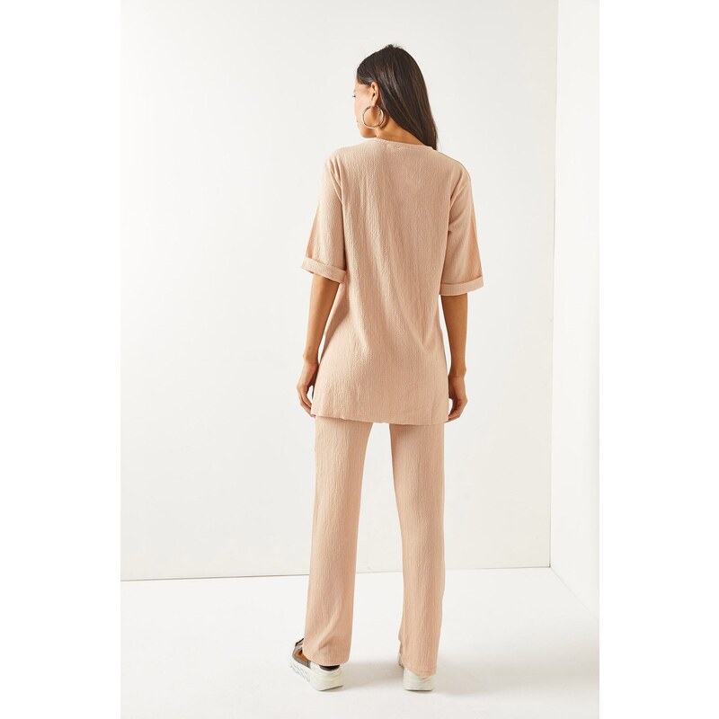 Olalook Women's Beige Top Slit Bottom Palazzo Suit