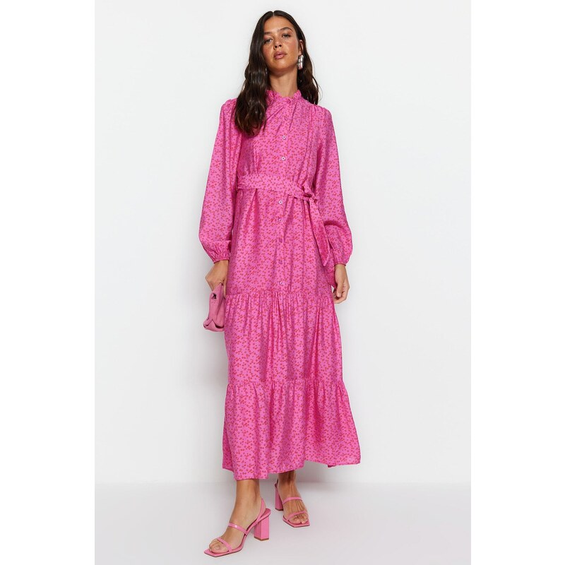 Trendyol Pink Belted Skirt With Flounces Floral Pattern Lined Woven Dress