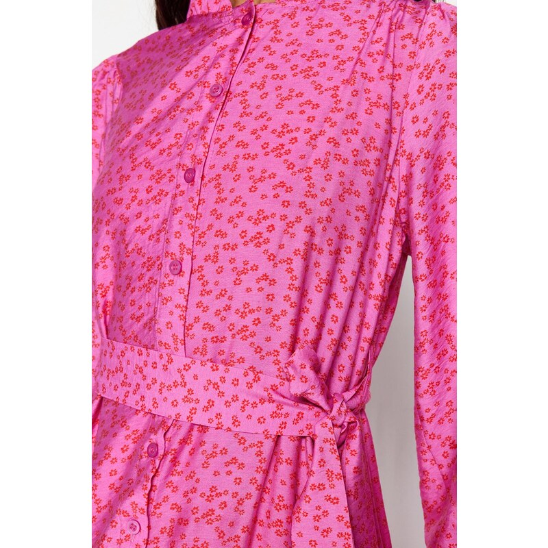 Trendyol Pink Belted Skirt With Flounces Floral Pattern Lined Woven Dress