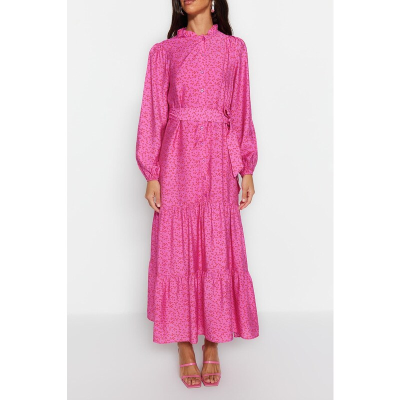 Trendyol Pink Belted Skirt With Flounces Floral Pattern Lined Woven Dress