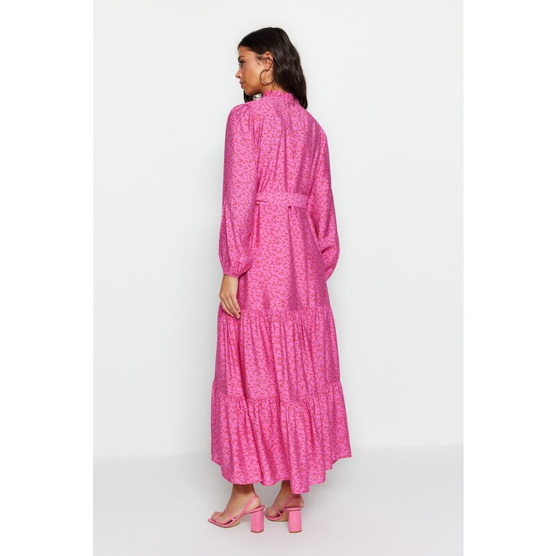 Trendyol Pink Belted Skirt With Flounces Floral Pattern Lined Woven Dress