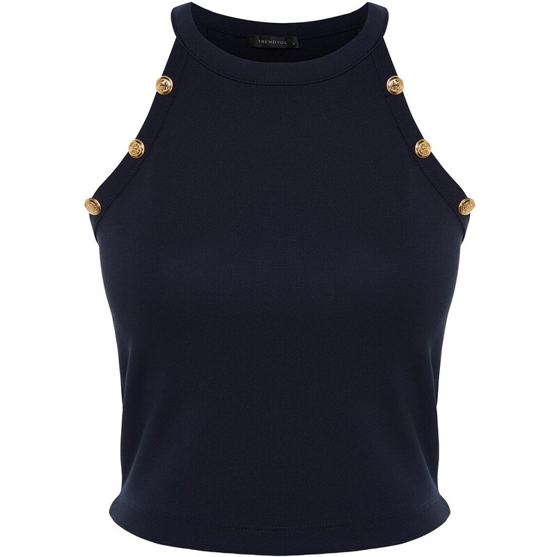 Trendyol Navy Blue Gold Button Detailed Fitted Barter Neck Crop Smart Knitted Blouse