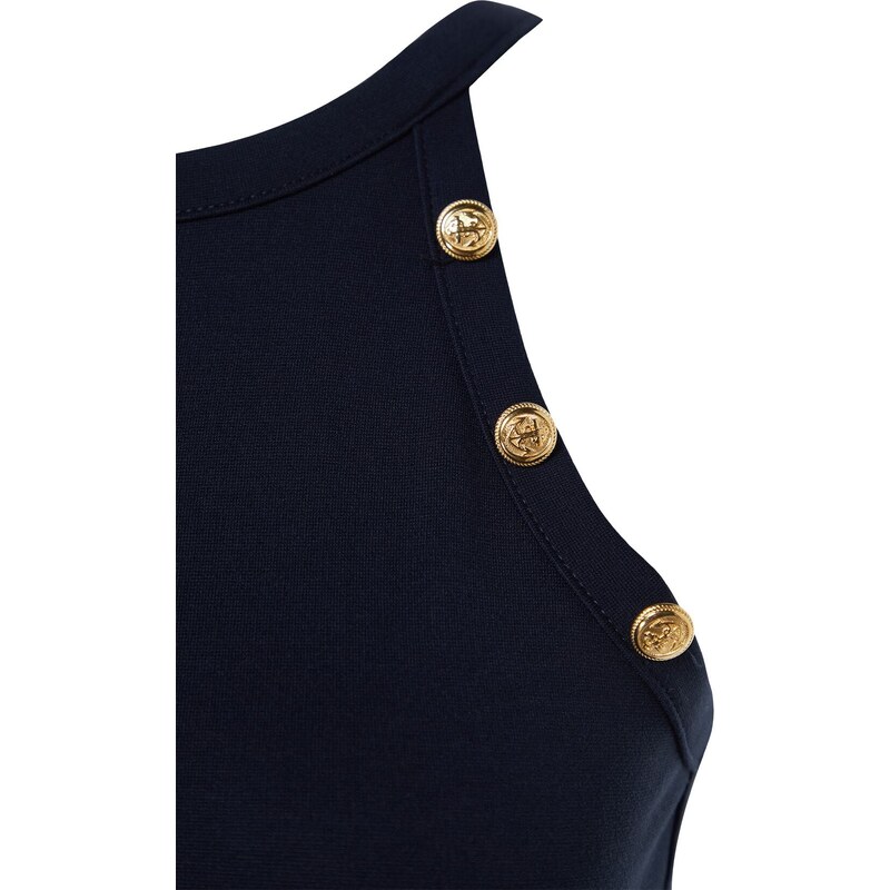 Trendyol Navy Blue Gold Button Detailed Fitted Barter Neck Crop Smart Knitted Blouse