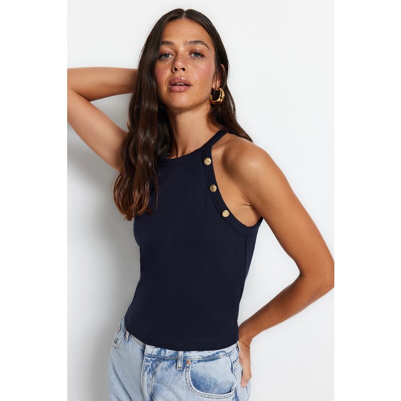 Trendyol Navy Blue Gold Button Detailed Fitted Barter Neck Crop Smart Knitted Blouse