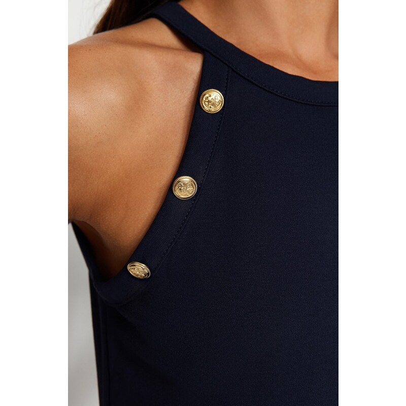 Trendyol Navy Blue Gold Button Detailed Fitted Barter Neck Crop Smart Knitted Blouse