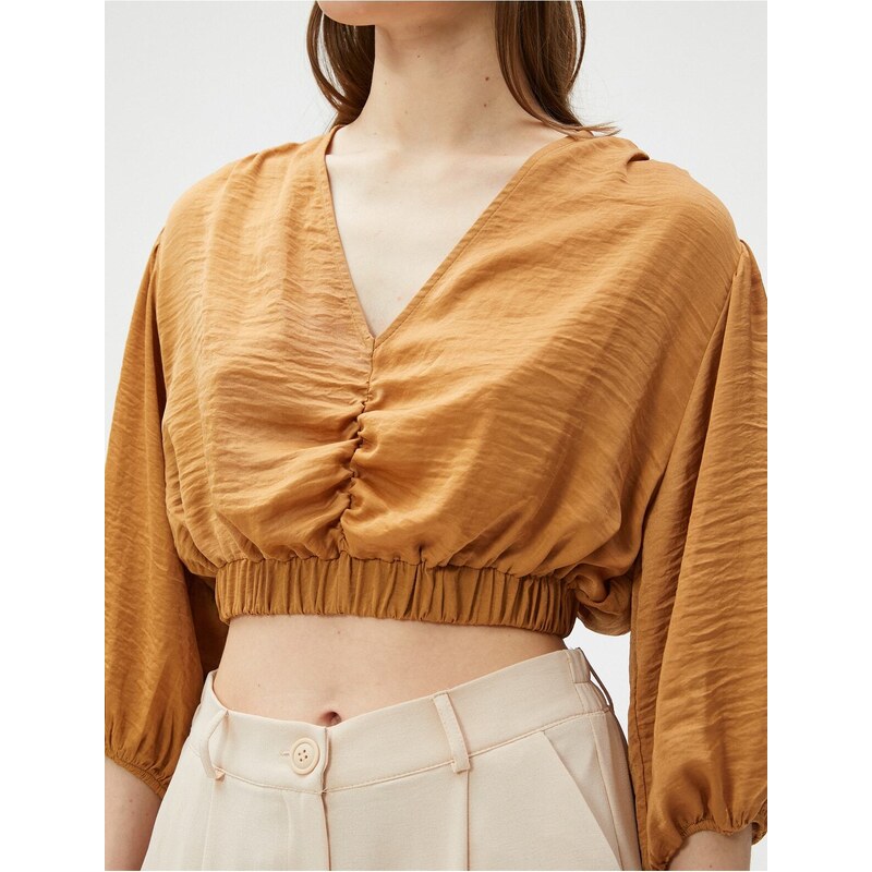 Koton Pleated Crop Blouse V-Neck