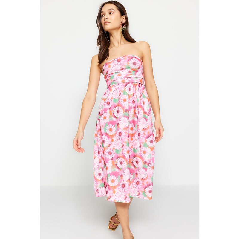 Trendyol Pink Floral Strapless Belted Crepe Midi Knitted Dress