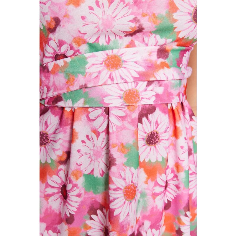 Trendyol Pink Floral Strapless Belted Crepe Midi Knitted Dress