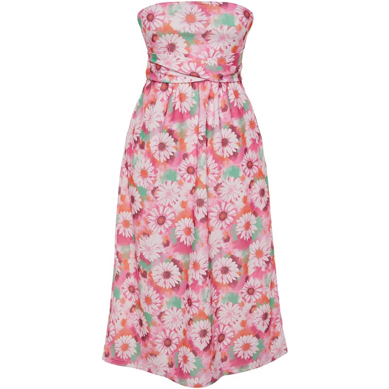 Trendyol Pink Floral Strapless Belted Crepe Midi Knitted Dress