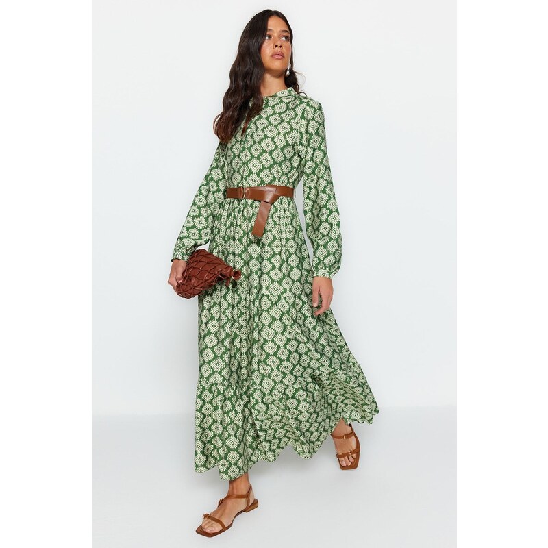 Trendyol Green Floral Patterned Lined Woven Dress with a Belt and Ruffles