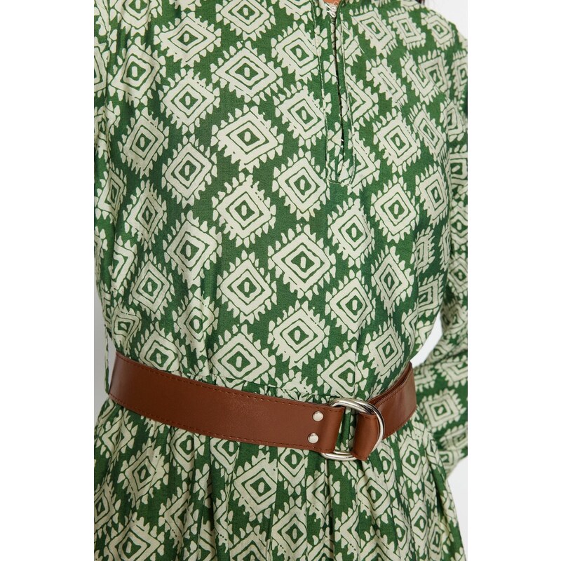 Trendyol Green Floral Patterned Lined Woven Dress with a Belt and Ruffles