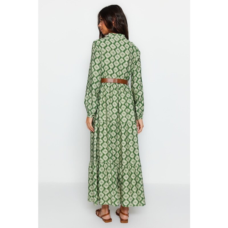 Trendyol Green Floral Patterned Lined Woven Dress with a Belt and Ruffles