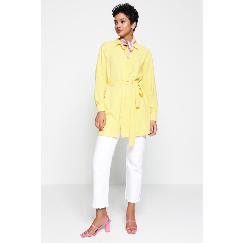 Trendyol Yellow Belted Hidden Pat Woven Shirt