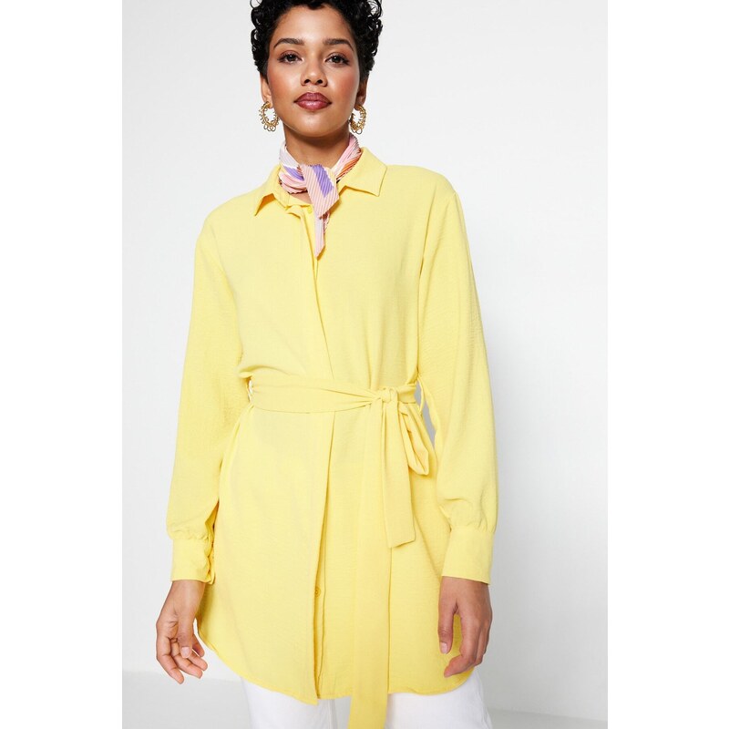 Trendyol Yellow Belted Hidden Pat Woven Shirt