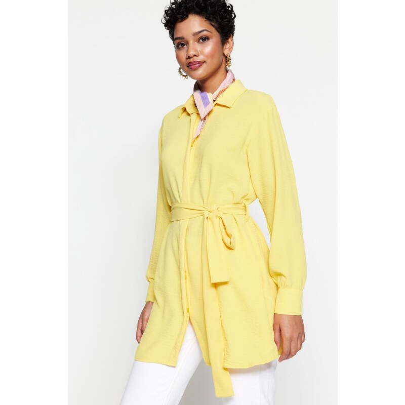 Trendyol Yellow Belted Hidden Pat Woven Shirt