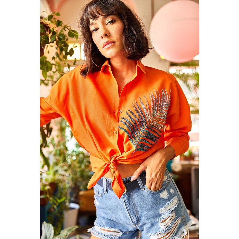 Olalook Women's Orange Palm Sequin Detailed Oversized Woven Poplin Shirt