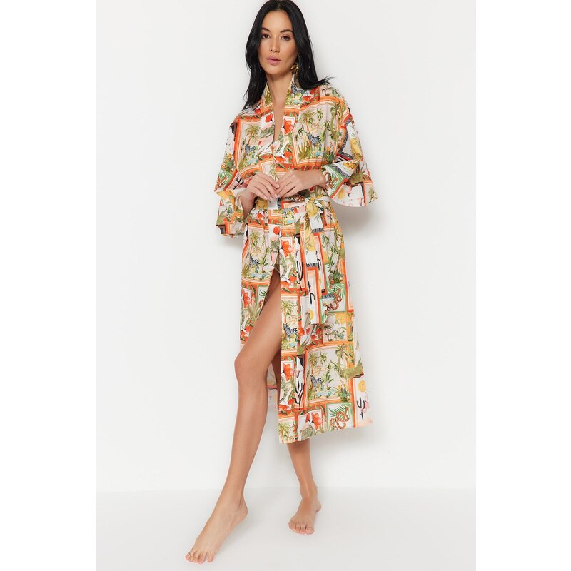 Trendyol Abstract Pattern Maxi Woven 100% Cotton Kimono & Kaftan
